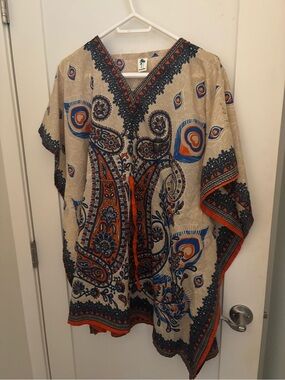 Tropiko Women's Kaftan in Cream, Navy Blue, and Orange